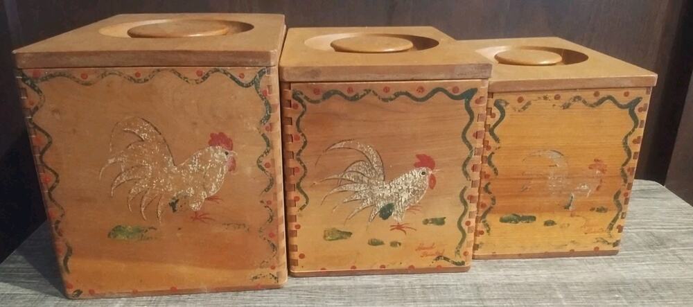 Vintage Hand Painted Rooster Wooden Nesting Canister Set Of 3 Dovetail Joints